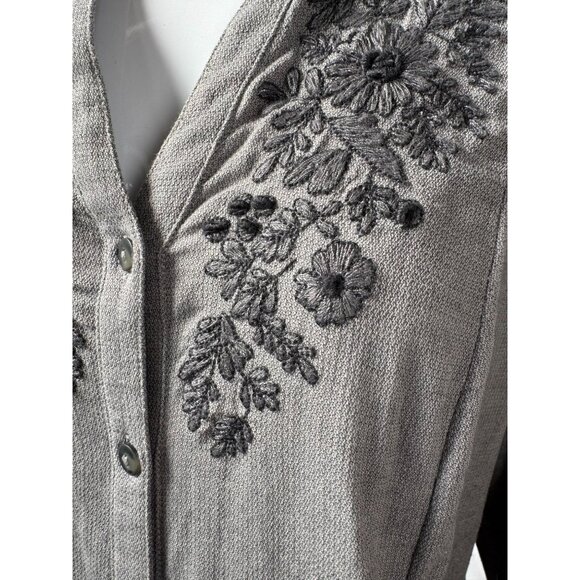 Coldwater Creek XL Embroidered Button-Front Tunic Top Gray 100% Cotton Long Slee - Picture 2 of 16